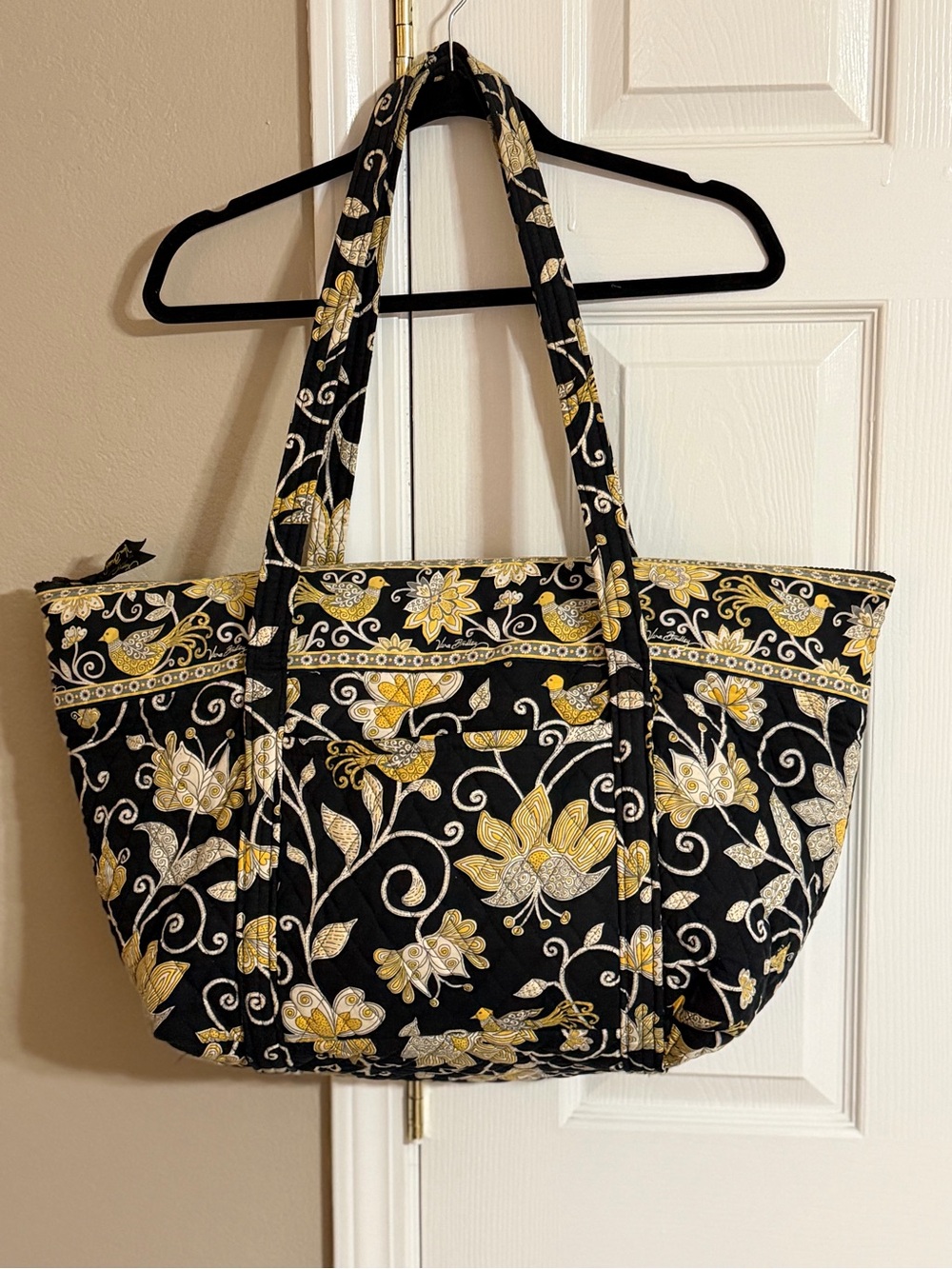 Vera Bradley Black Quilted Tote with Yellow Floral Pattern